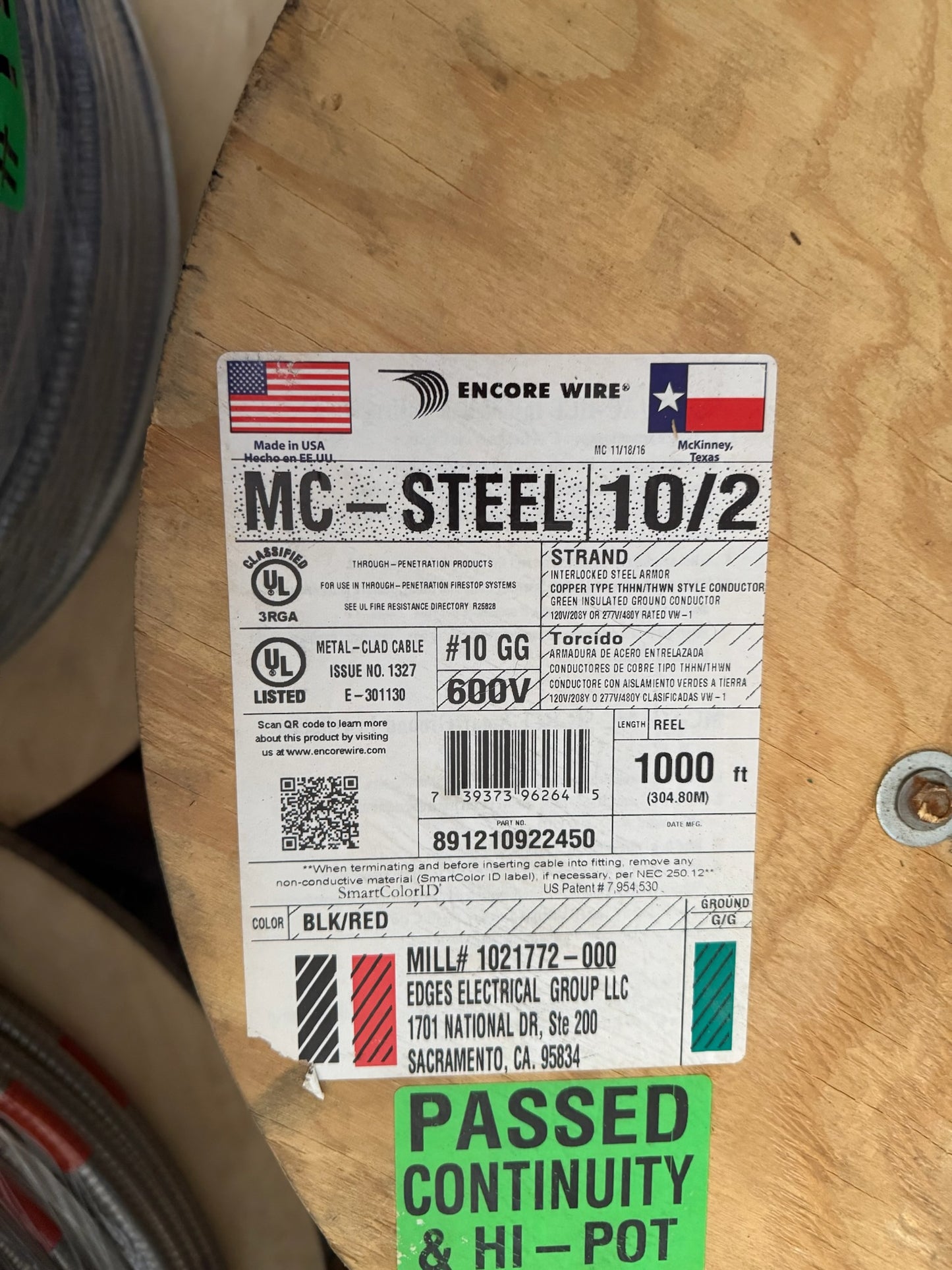Encore Wire MC-Steel Cable 10/2 Strand Copper Black, Red Conductors (1000')