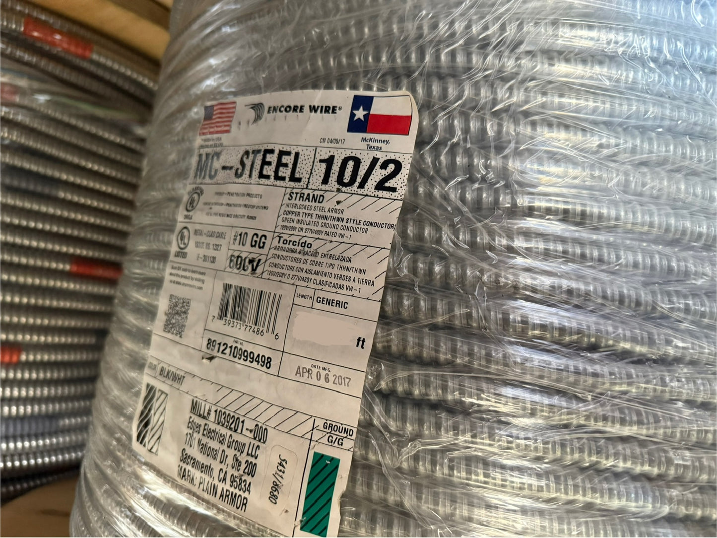 1500' ft Steel MC-Cable 10/2 Strand Copper- Black, White Conductors (1500')