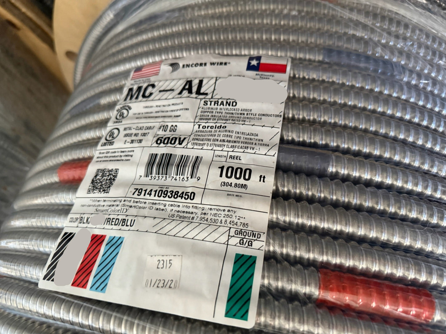 50' Aluminum 10/4 MC-Cable Stranded Copper-BL,W,R,BE Conductors (50')