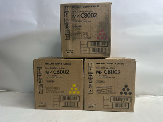 3 Genuine Ricoh MPC6502SP, MPC8002SP MYK Toners 842083,842084,842085 (No Cyan)