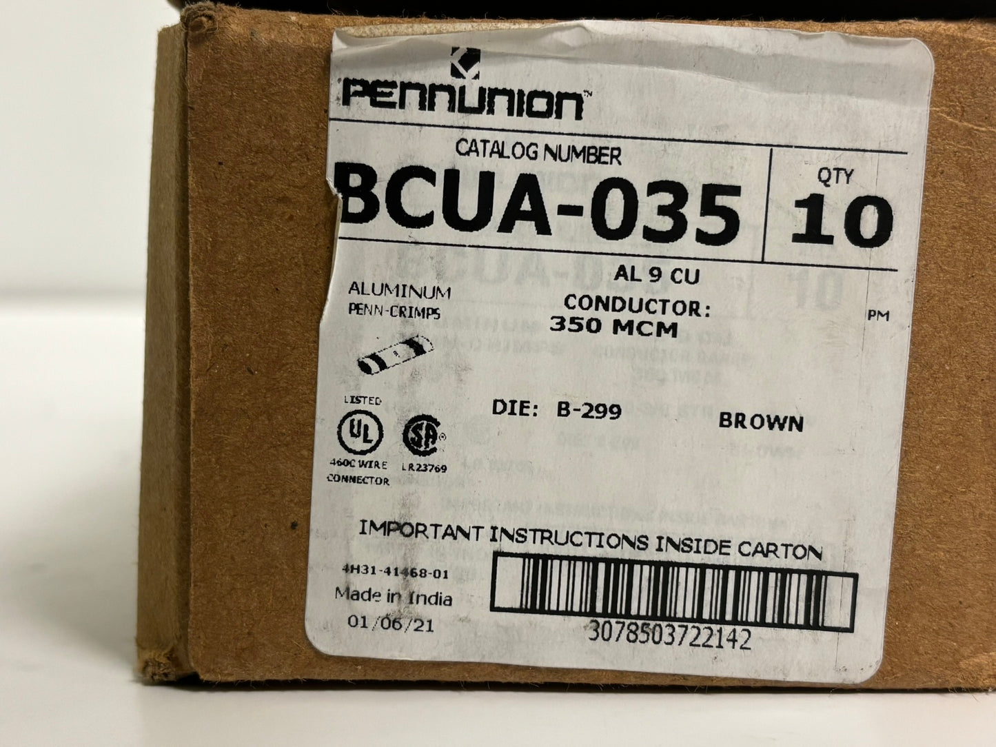8 PK Penn-Union BCUA-035 350 MCM Aluminum Compression Splice Connector