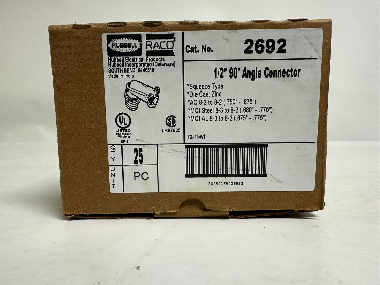 50 PK Raco 2692 1/2" 90° Angle Connector, Die-Cast Zinc for Flexible Conduit