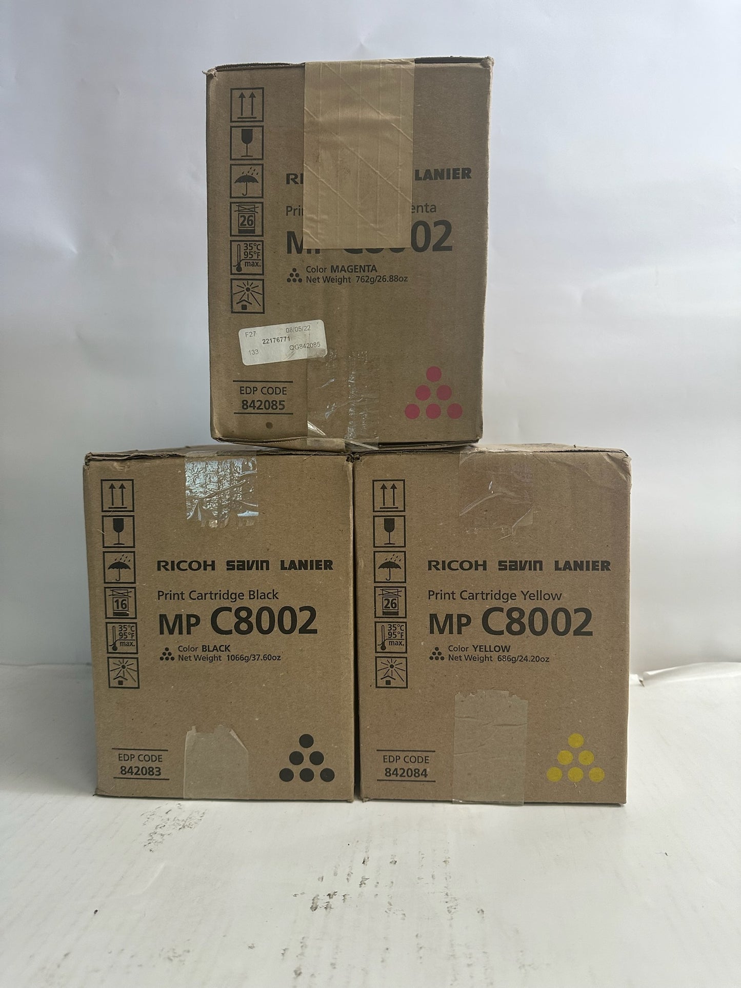 3 Genuine Ricoh MPC6502SP, MPC8002SP MYK Toners 842083,842084,842085 (No Cyan)