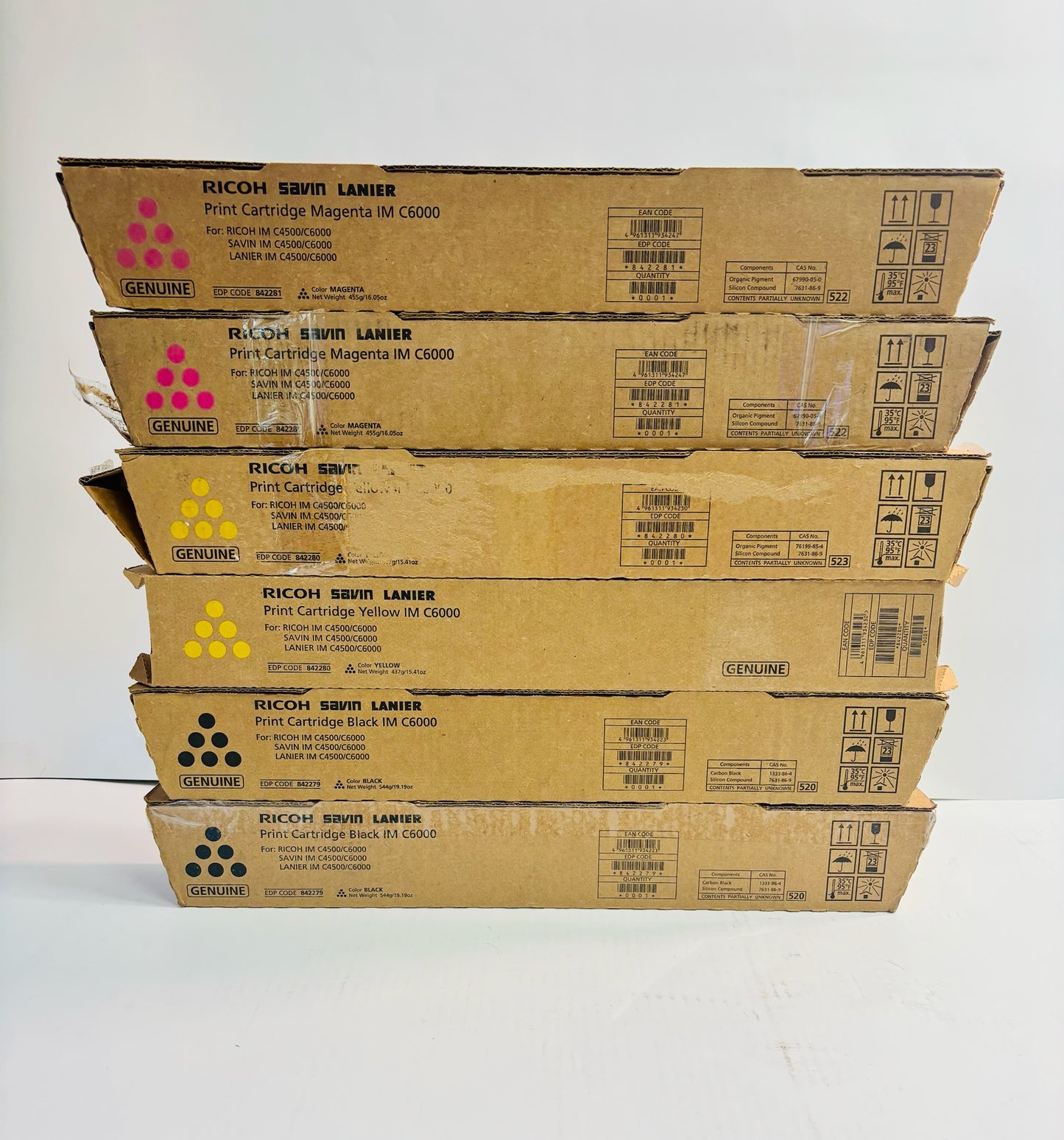 6 OEM Ricoh IM C4500,C6000 Magenta,Yellow & Black Toners 842279,842280,842281