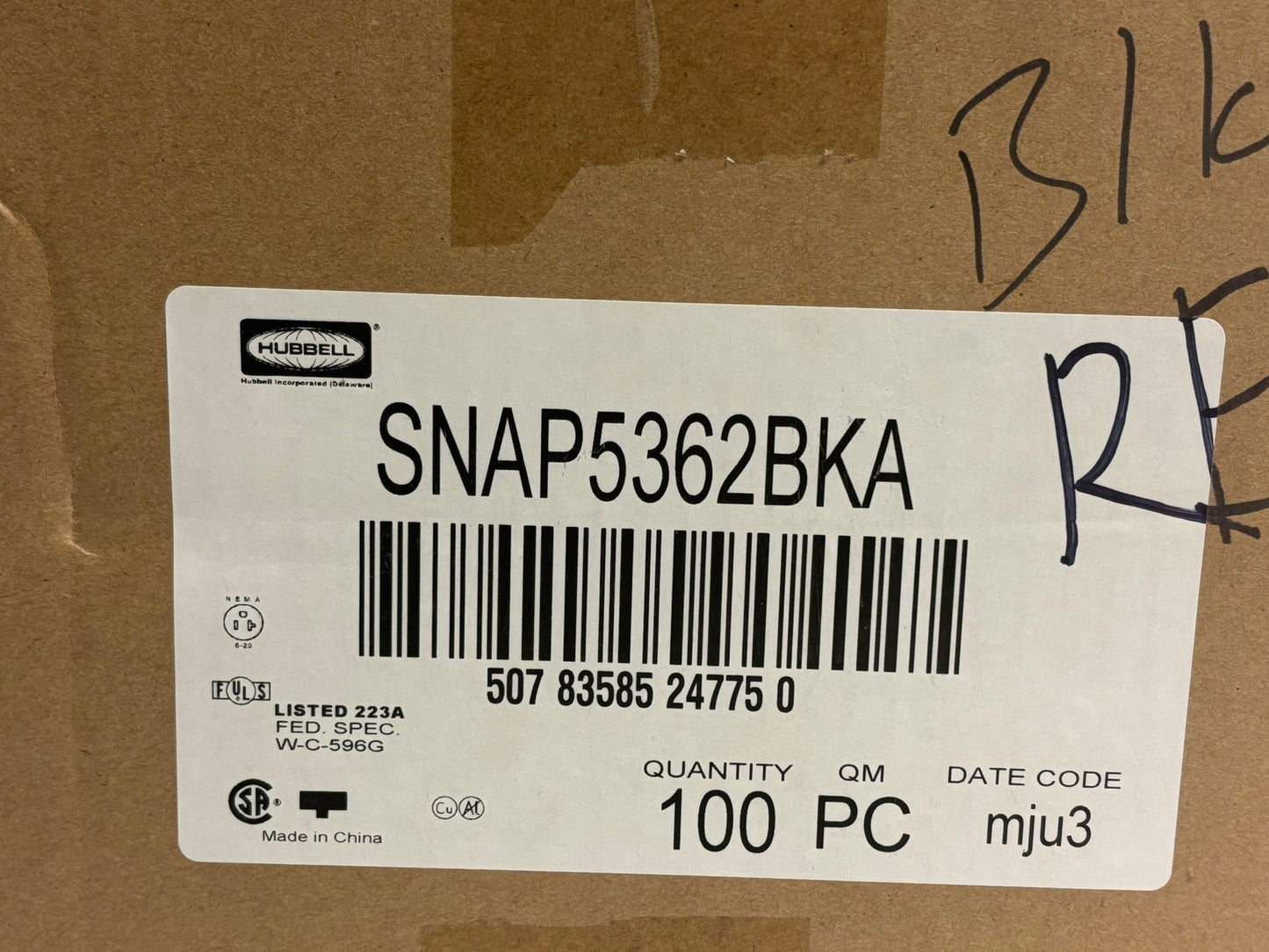 100 PK Hubbell SNAP5362BKA 20A 125V Duplex Receptacle – SNAPConnect, Black
