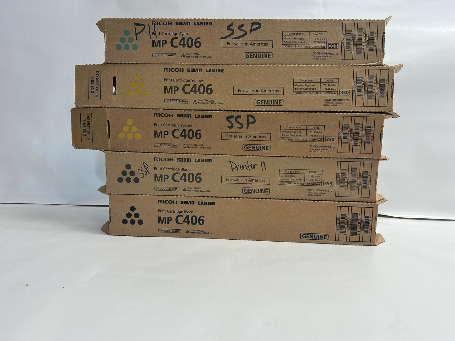 5 Genuine Ricoh MP C406,C306,C307, CYYKK Toners 842091,842092,842094 (No Mag.)