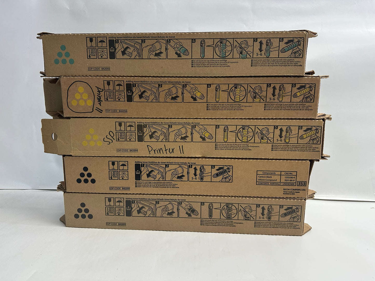 5 Genuine Ricoh MP C406,C306,C307, CYYKK Toners 842091,842092,842094 (No Mag.)