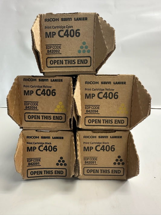 5 Genuine Ricoh MP C406,C306,C307, CYYKK Toners 842091,842092,842094 (No Mag.)