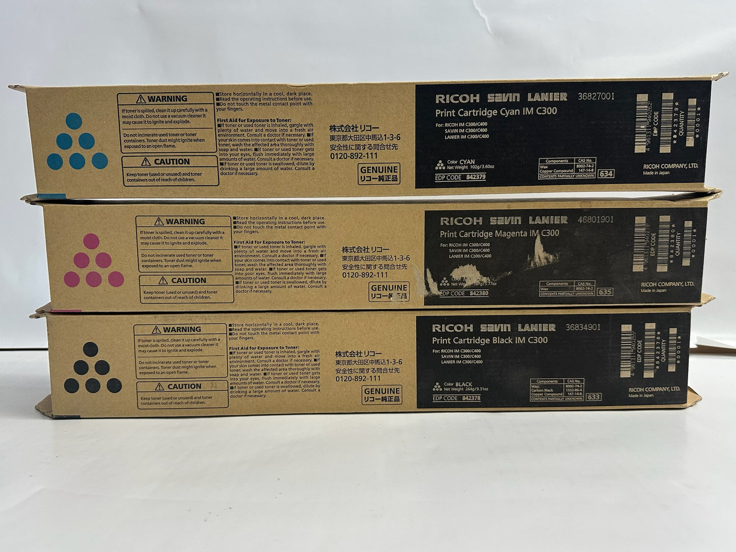 3 New Genuine Ricoh IM C300, C400 CMK Toners 842378,842379,842380 (No Yellow)