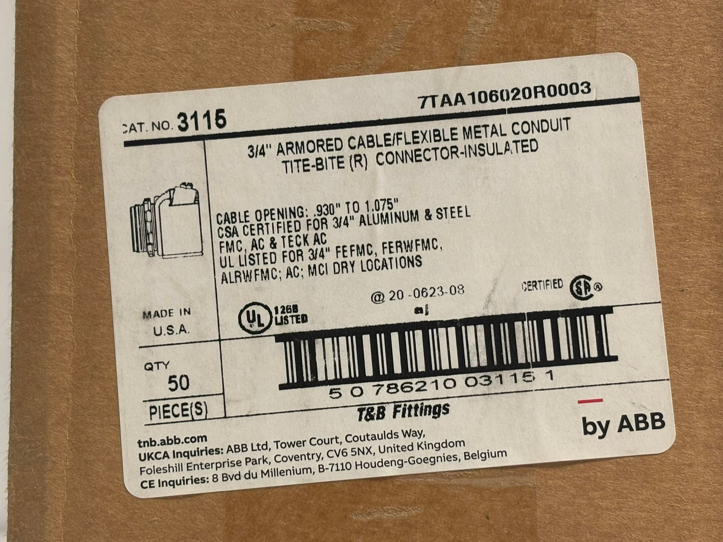 50 PK Thomas & Betts 3115 Tite-Bite Insulated Cable Connector, 3/4 Inch Trade Size