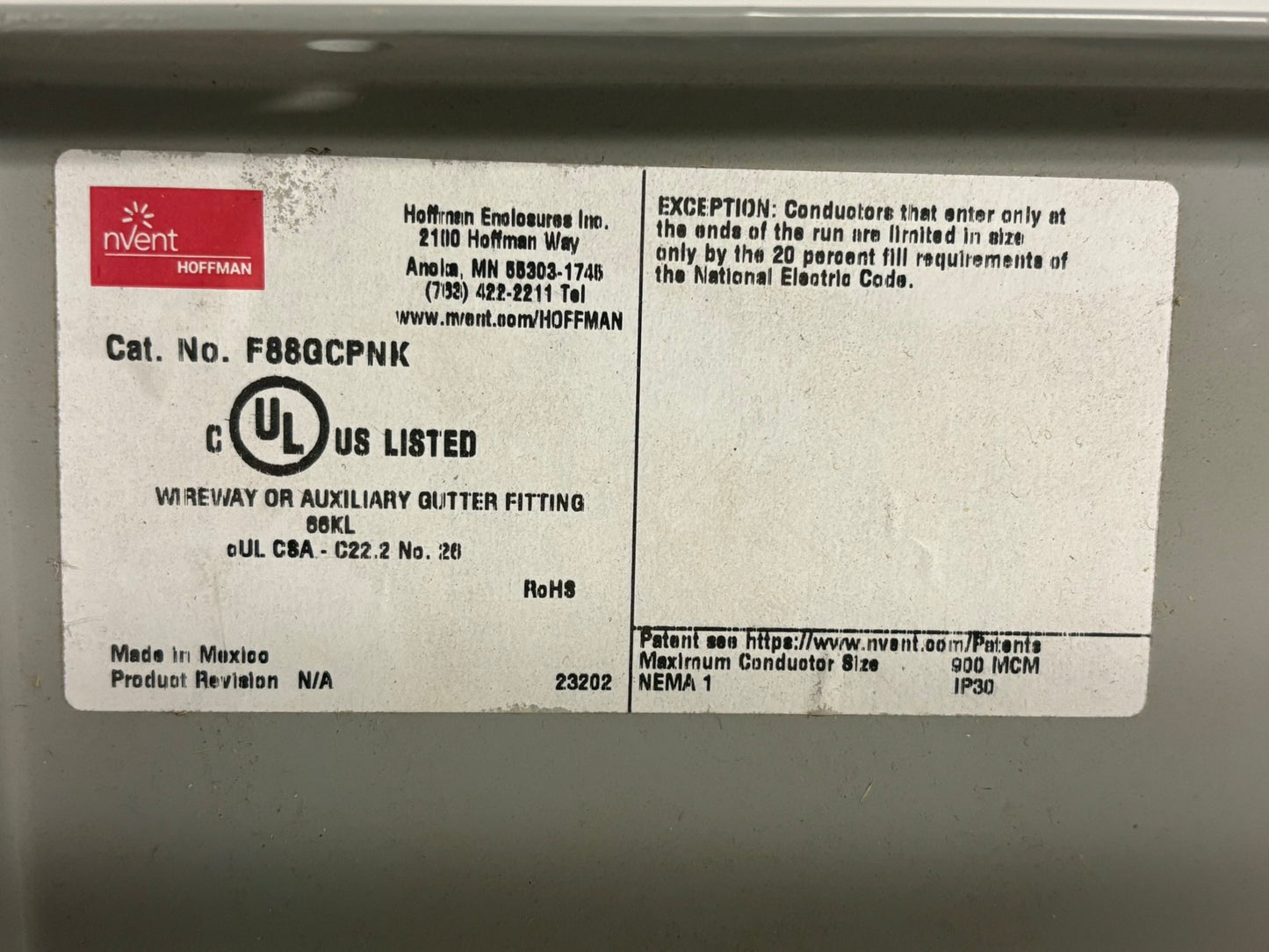 4 PK nVent HOFFMAN F88GCPNK 8"x8" NEMA 1 Wireway Closure Plate, Gray Painted Steel
