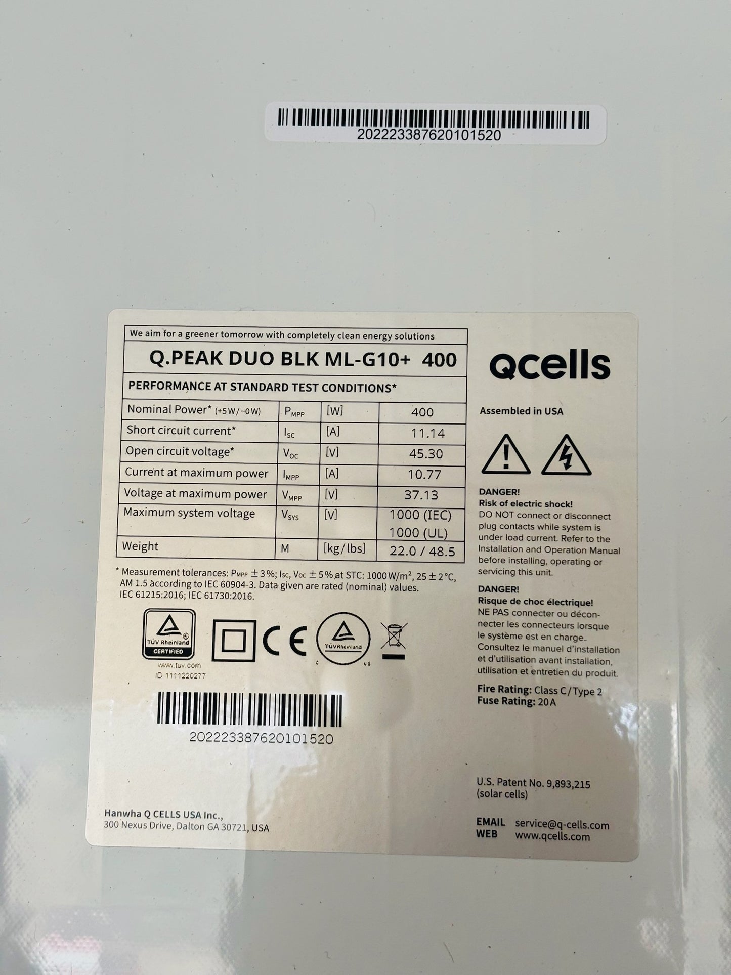 2 Pk Qcells Q.PEAK DUO ML-G10+ 400W Solar Panels 74x41in Black Frame