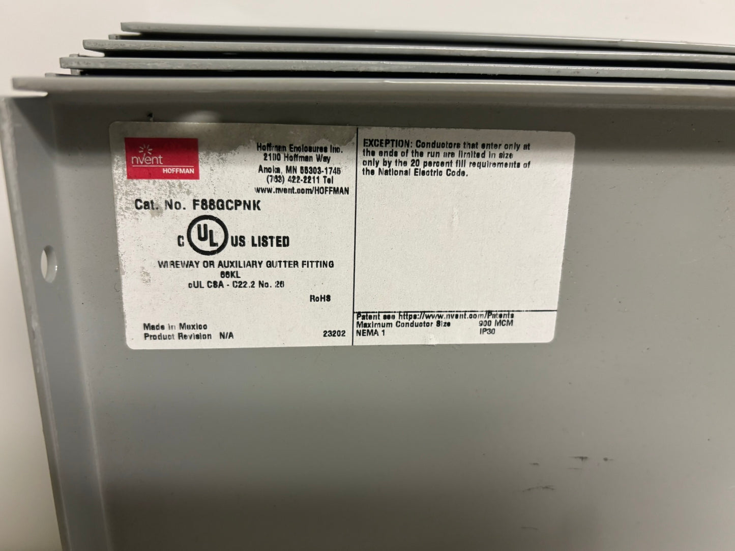 4 PK nVent HOFFMAN F88GCPNK 8"x8" NEMA 1 Wireway Closure Plate, Gray Painted Steel