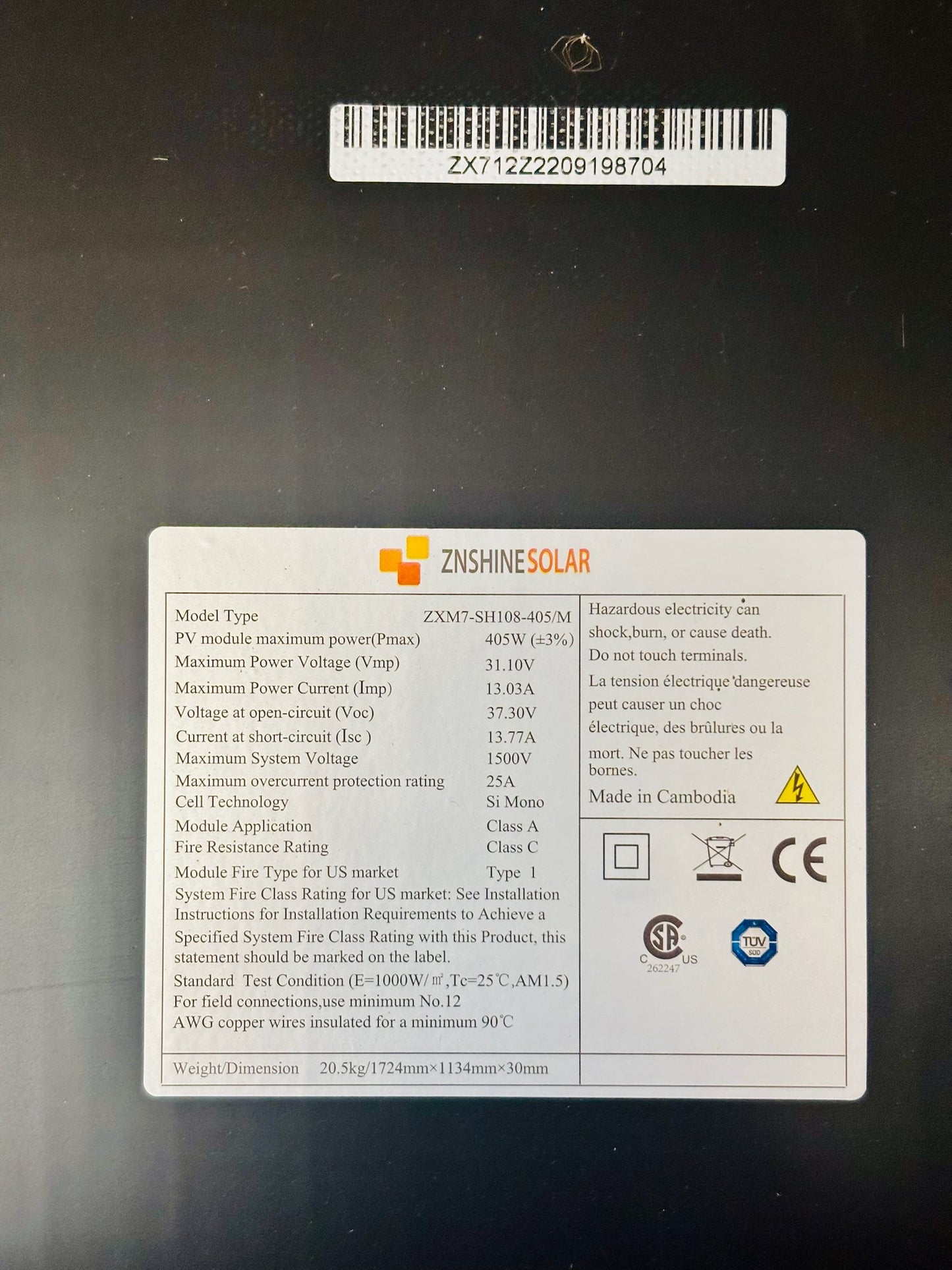 New ZnShine ZXM7‑SH108‑400/M 400W Black On Black Solar Panel,67.8×44.7×1.18 in