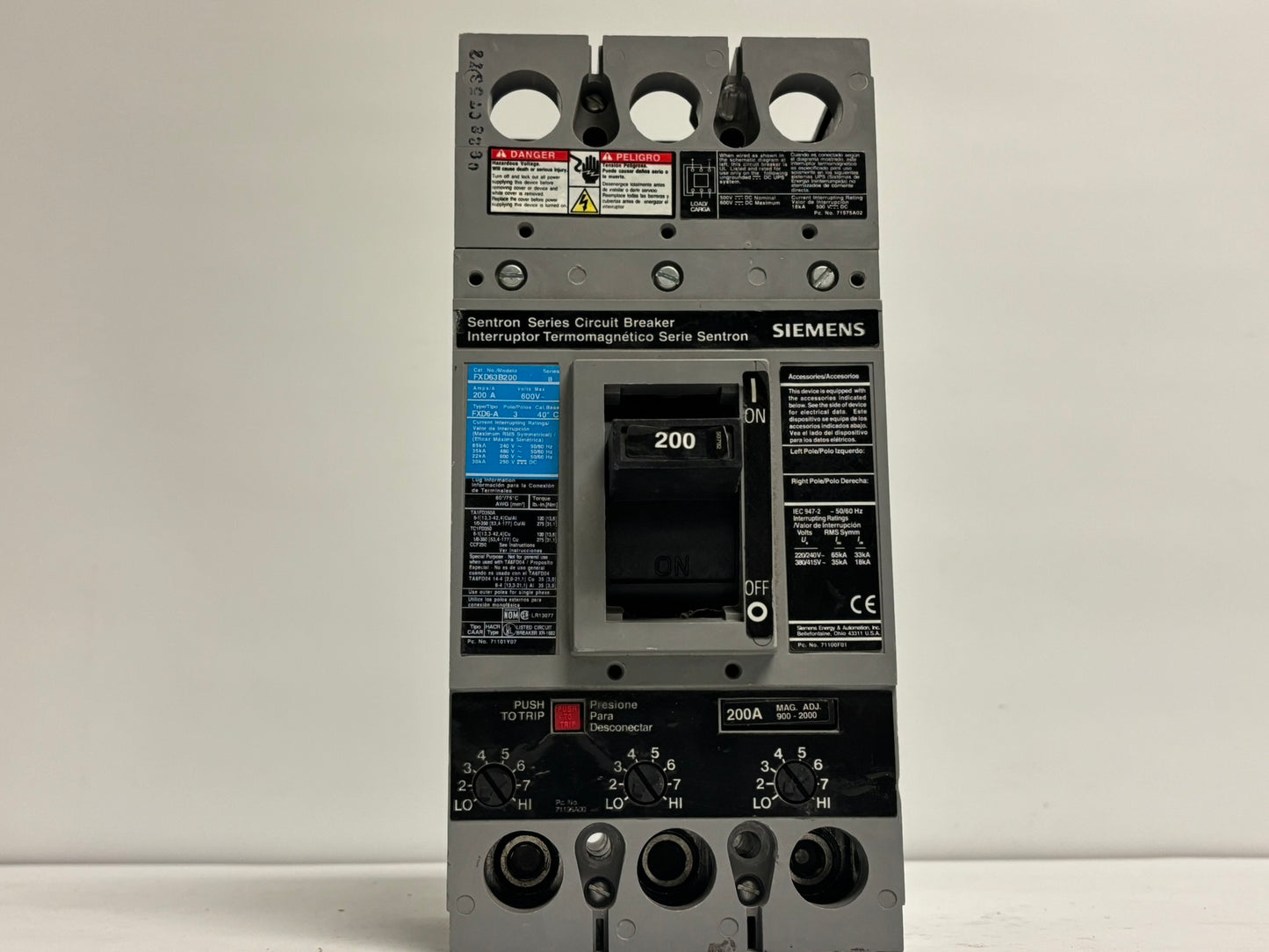 Siemens FXD63B200 200A 3-Pole 600V AC Thermal-Magnetic Circuit Breaker (Used)