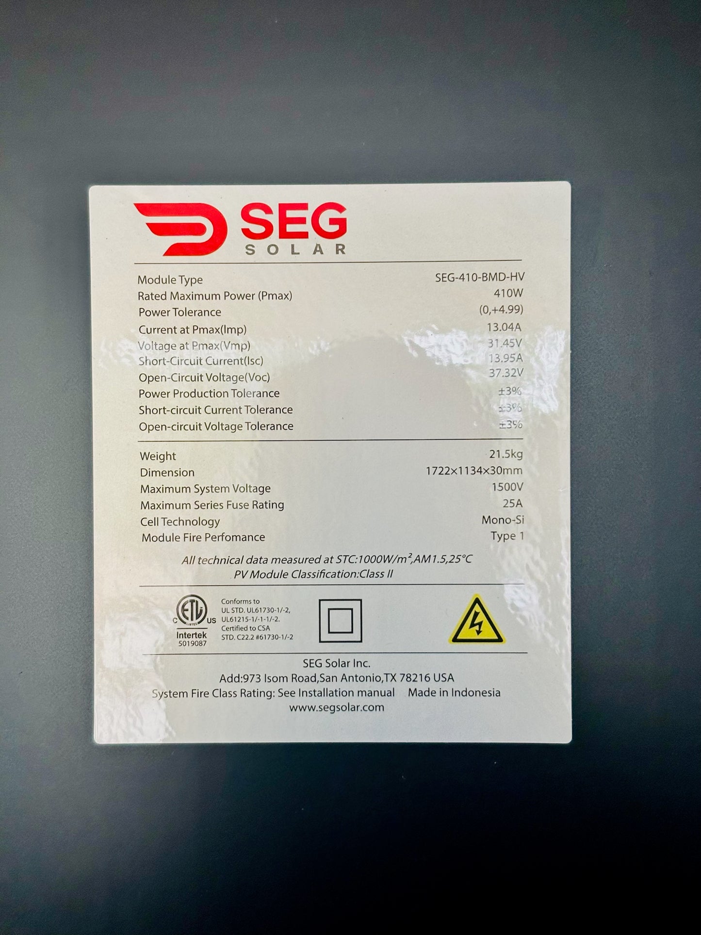 12 Pk New SEG-410-BMD-HV 410W Solar Panel, 67.8×44.7×1.2 in, 46 lbs