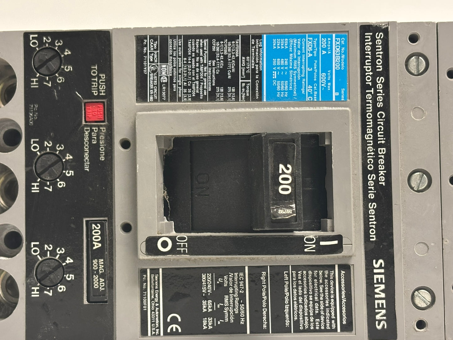 Siemens FXD63B200 200A 3-Pole 600V AC Thermal-Magnetic Circuit Breaker (Used)