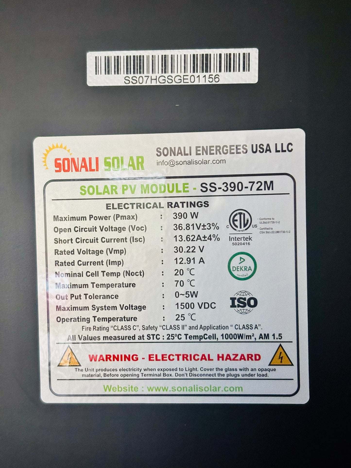 22 Pk New Sonali Solar SS-390-72M Panel 1950x990x35mm, 390W, 108 Cells, Mono