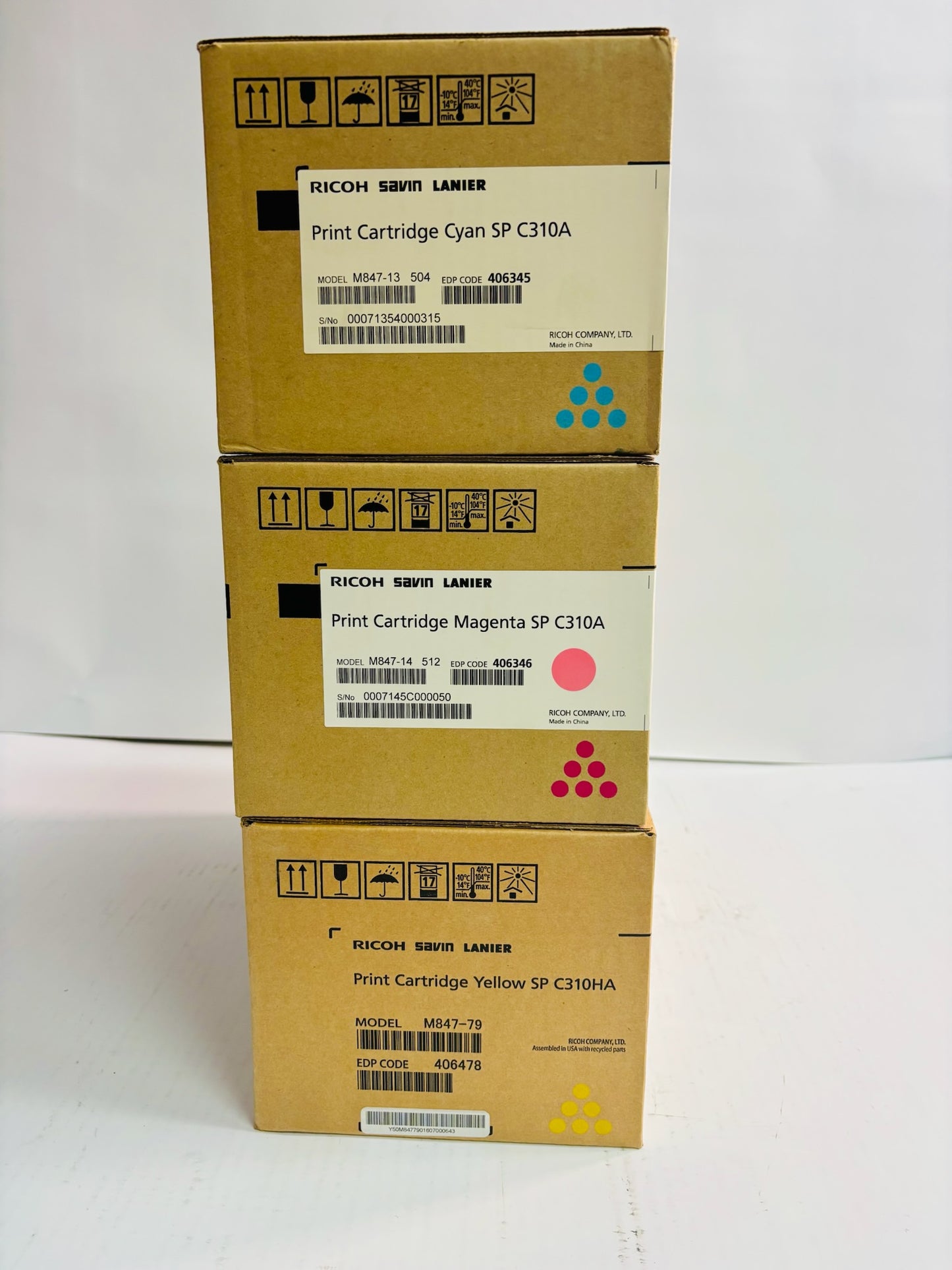 3 OEM Ricoh Aficio SP C231N,C231SF Cyan, Mag, Yellow Toner 406478,345,346 CMY