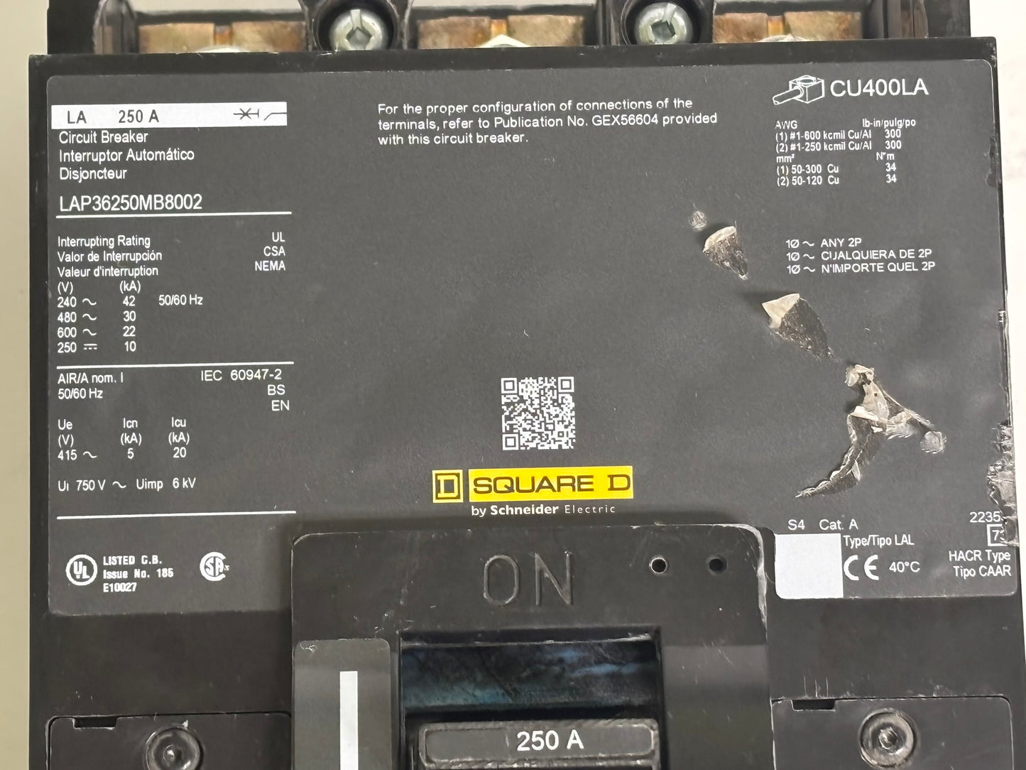 Square D LAP36250MB8002 250A 3-Pole 600V L-Frame Circuit Breaker Unit Mount
