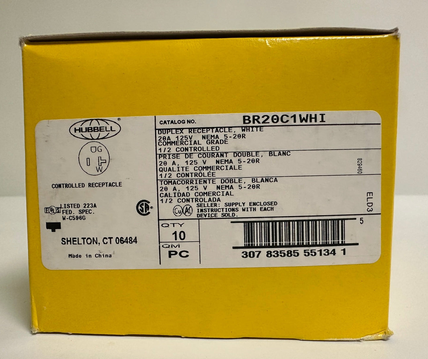 10 PK New Hubbell BR20C1WH1 20A 125V Duplex Receptacle, Half-Controlled, White