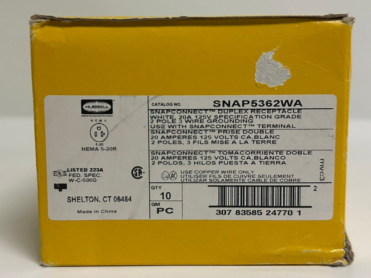 10 PK Hubbell SNAP5362WA 20A 125V Duplex Receptacle, White, SNAPConnect®