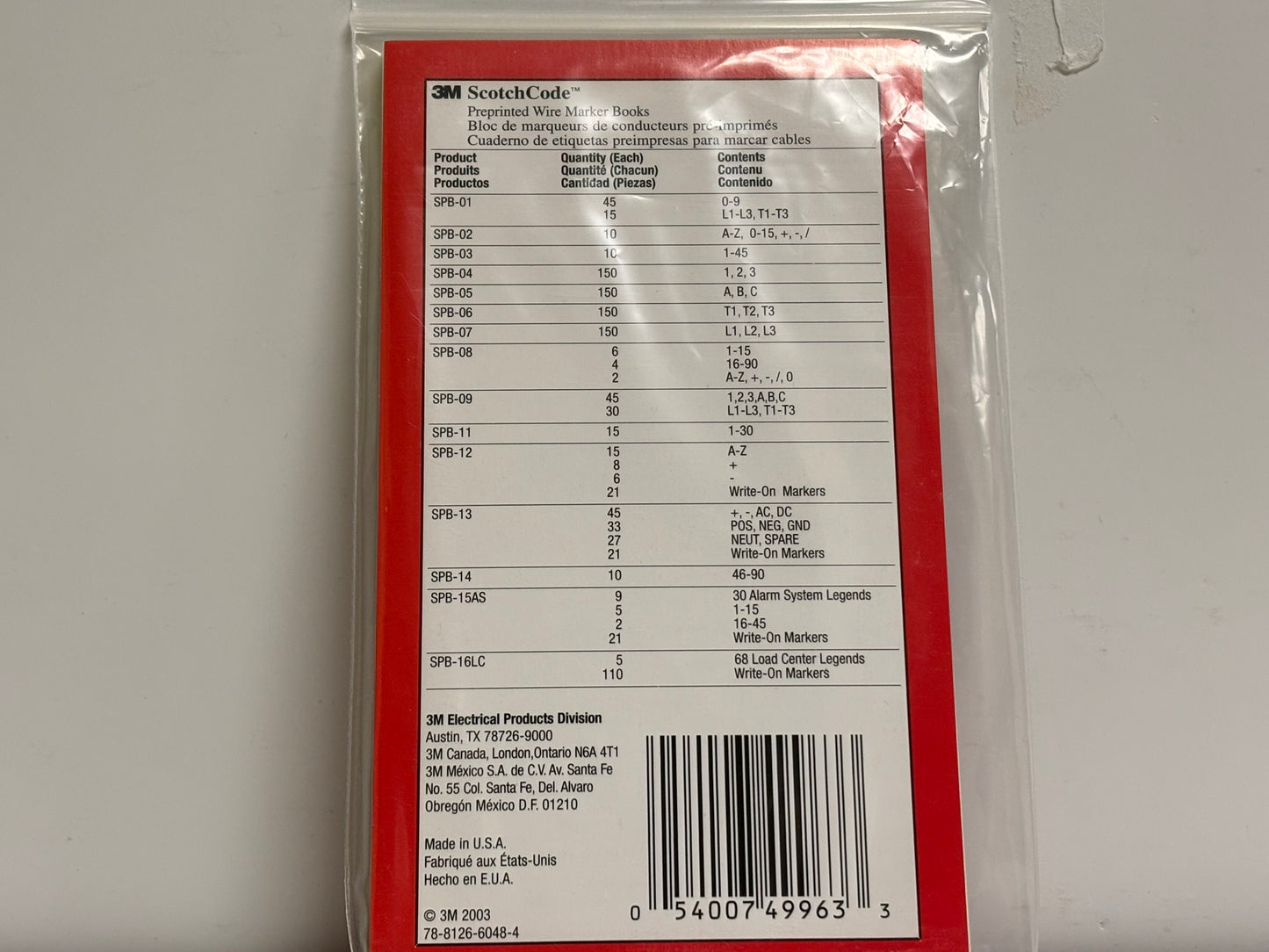 5 PK 3M ScotchCode SPB-14 Pre-Printed Wire Marker Book, Numbers 46–90