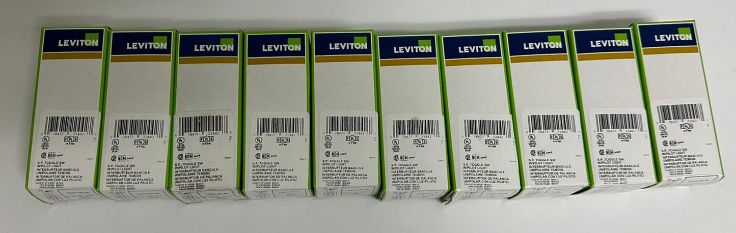 10 PK Leviton 1221-PLR 20A 120V Pilot Light Toggle Switch, Red, New in Box