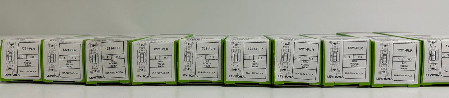 10 PK Leviton 1221-PLR 20A 120V Pilot Light Toggle Switch, Red, New in Box