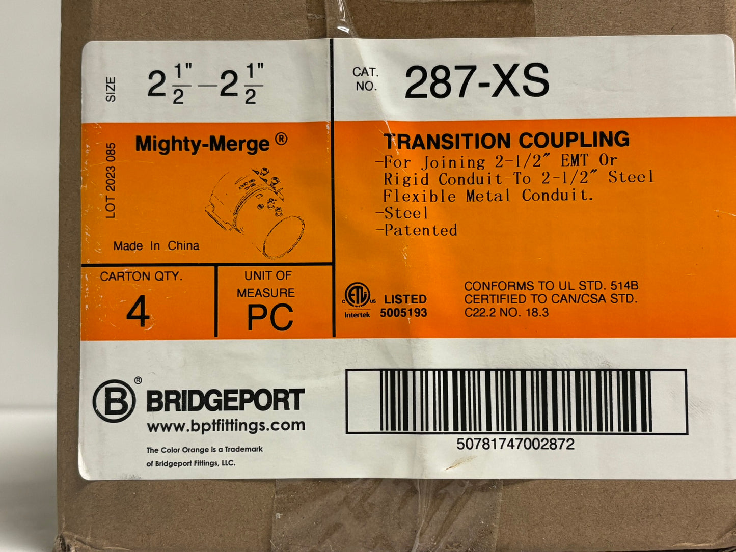 4 PK Bridgeport 287-XS Non-Insulated Transition Coupling for EMT to Flexible Conduit