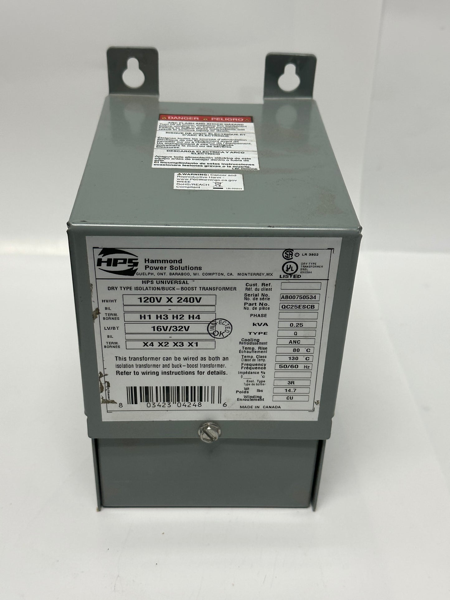 Hammond Power QC25ESCB Bk 1Ph 0.25Kva 240-32 Copper Buck-Boost Transformer