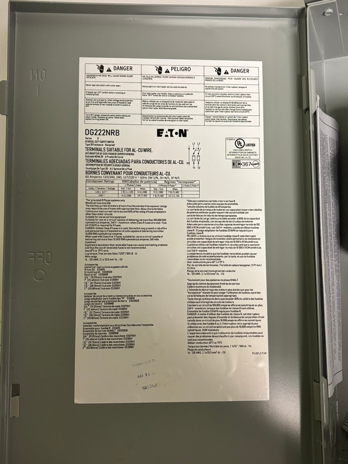 Eaton DG322NRB 60A 240V 3-Pole Fusible Safety Switch, NEMA 3R