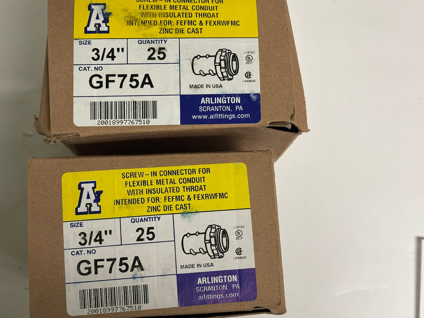 50 PK Arlington GF75A 3/4" Insulated Screw-In Connector for AC/MC/FMC Conduit