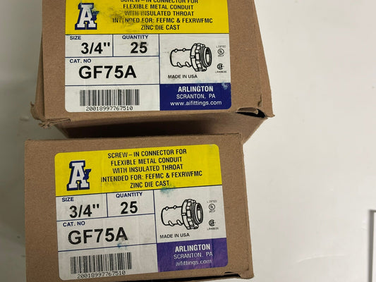 50 PK Arlington GF75A 3/4" Insulated Screw-In Connector for AC/MC/FMC Conduit