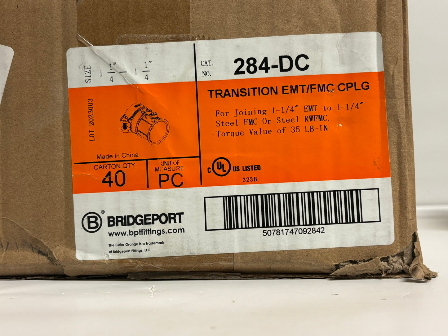 40 PK Bridgeport 284-DC 1-1/4" EMT to FMC Transition Coupling, Zinc Die-Cast