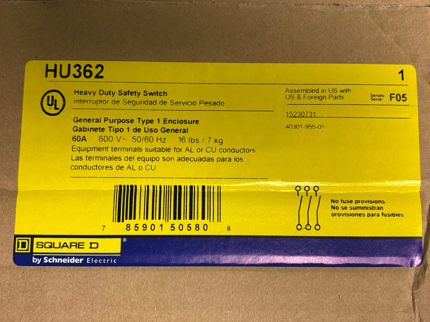 Square D HU362 60A 600V 3-Pole Non-Fusible Safety Switch, NEMA 1 Enclosure