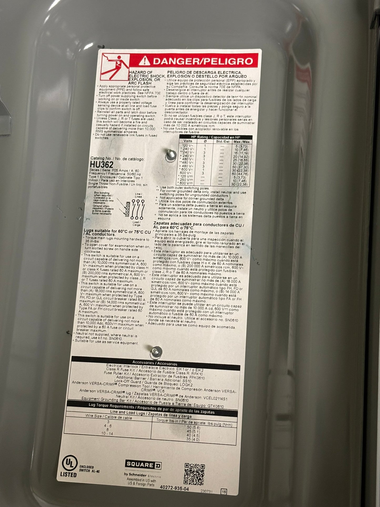 Square D HU362 60A 600V 3-Pole Non-Fusible Safety Switch, NEMA 1 Enclosure