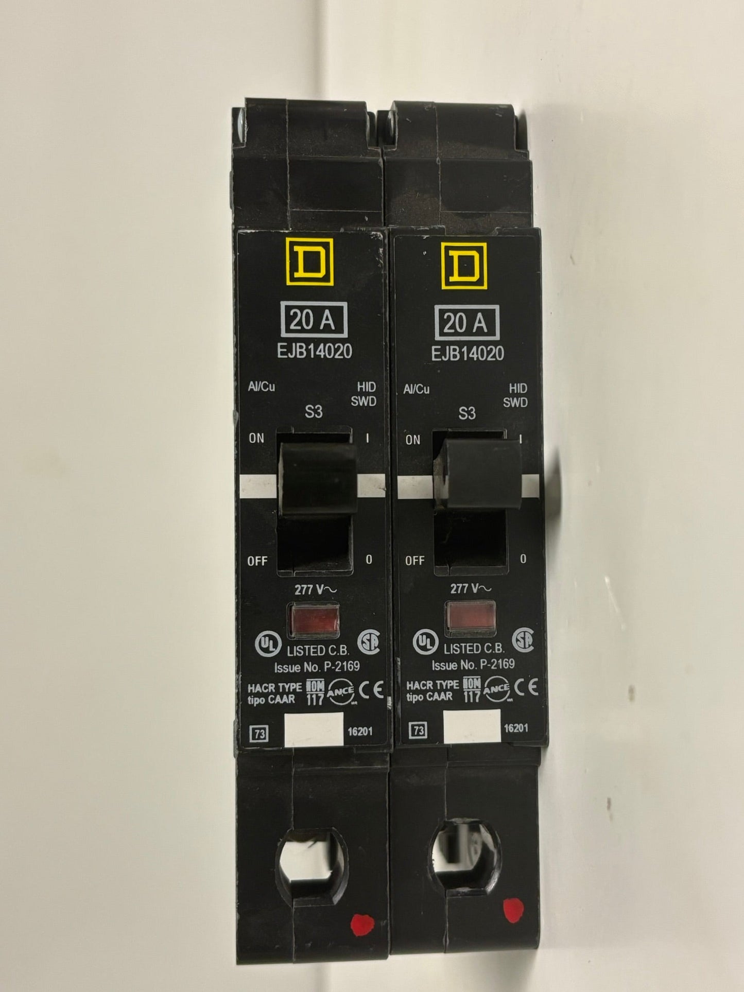 2 PK Square D EJB14020 20A 277V 1-Pole Bolt-On Circuit Breaker, 100kA Interrupting