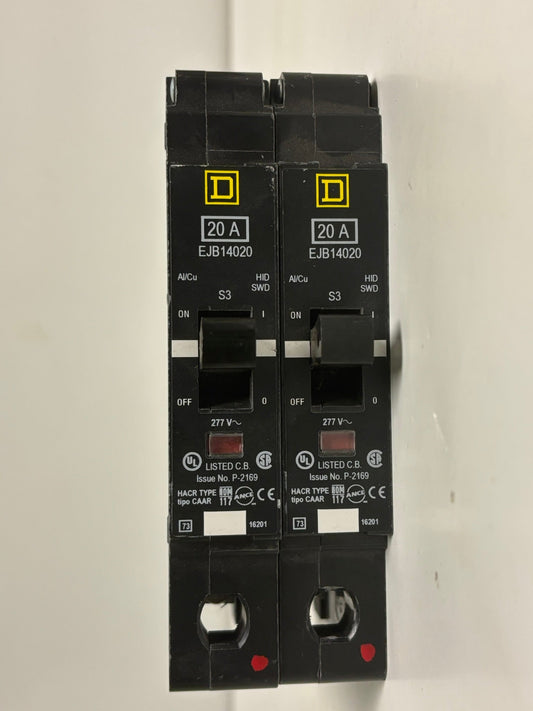 2 PK Square D EJB14020 20A 277V 1-Pole Bolt-On Circuit Breaker, 100kA Interrupting