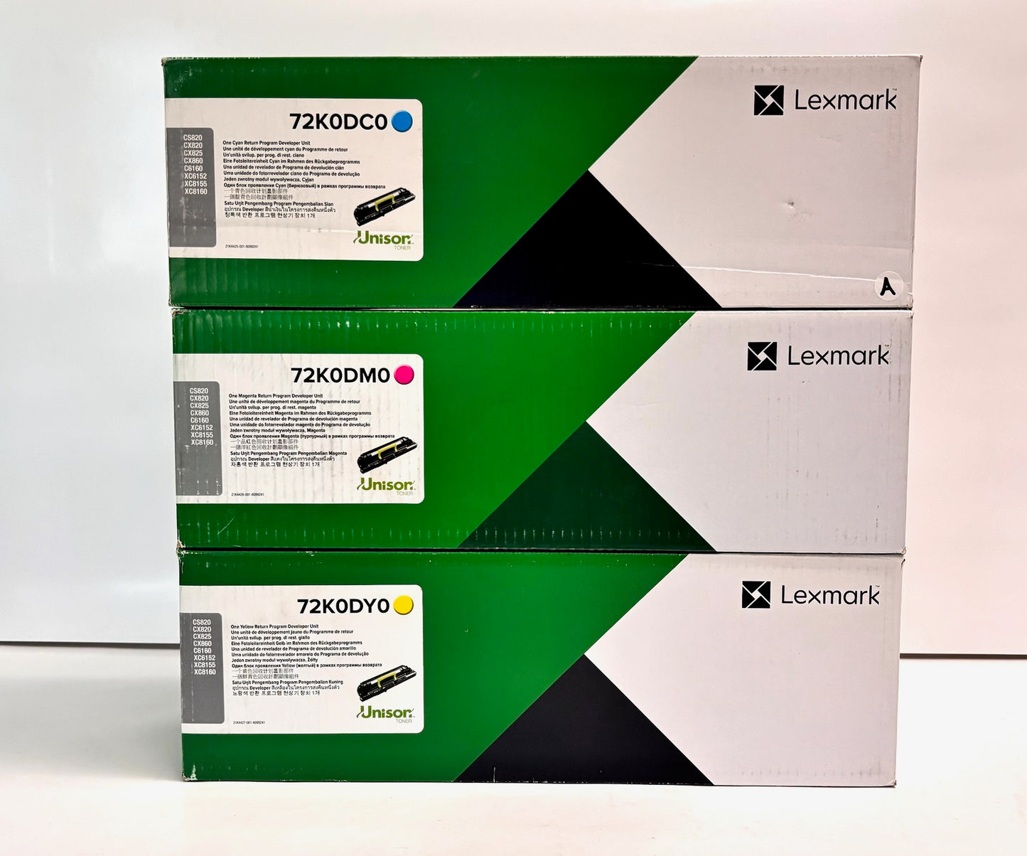 3 OEM Lexmark CX825/CX860 CMY Toners 72K0DC0, 72K0DM0, 72K0DY0 (Waterstain box)