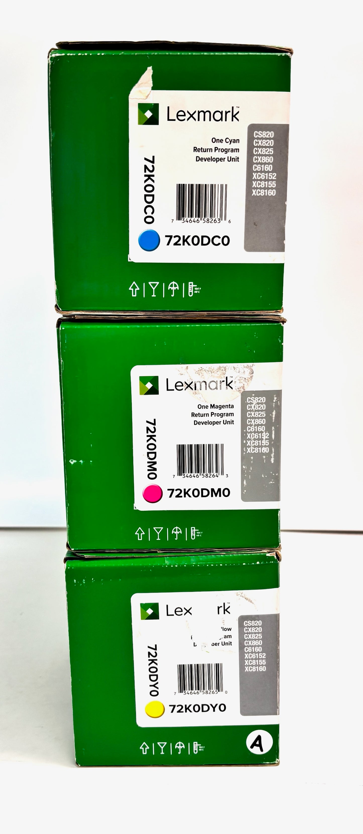 3 OEM Lexmark CX825/CX860 CMY Toners 72K0DC0, 72K0DM0, 72K0DY0 (Waterstain box)