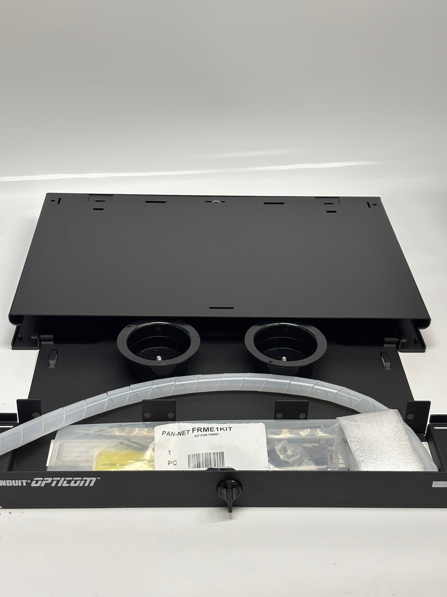 Panduit FRME1 Opticom Enclosure, Fiber Optic Rackmount, 1 RU, 3 Ports, Steel, Black