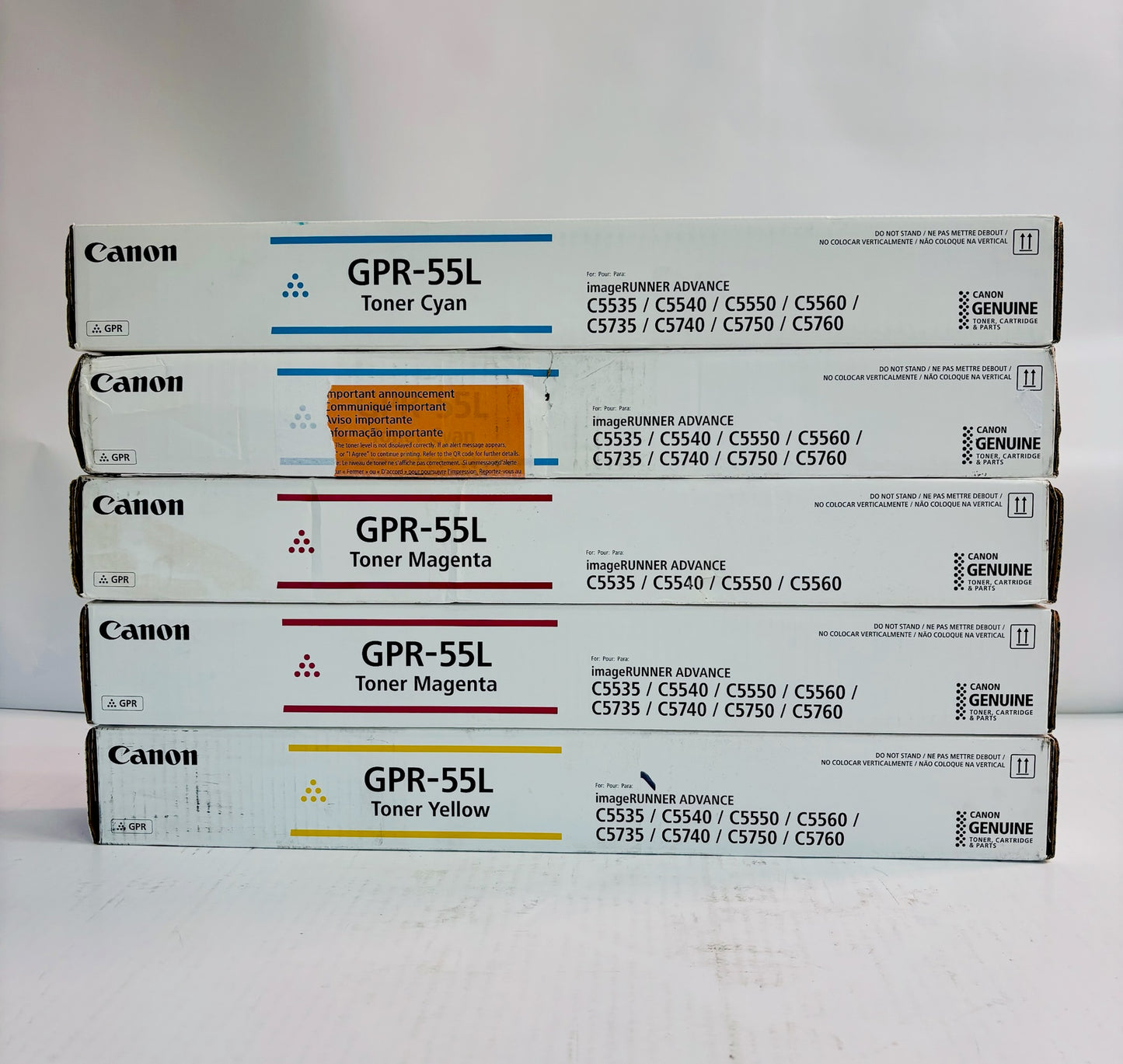 5 Genuine Canon iRA C5535i,C5535i II Cyan, Magenta & Yellow Toners GPR-55L CMY