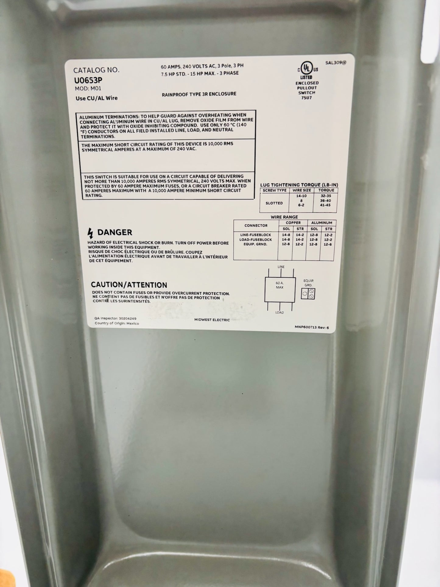Midwest U0653P 60A 240V NEMA 3R Non-Fusible Pull-Out Disconnect