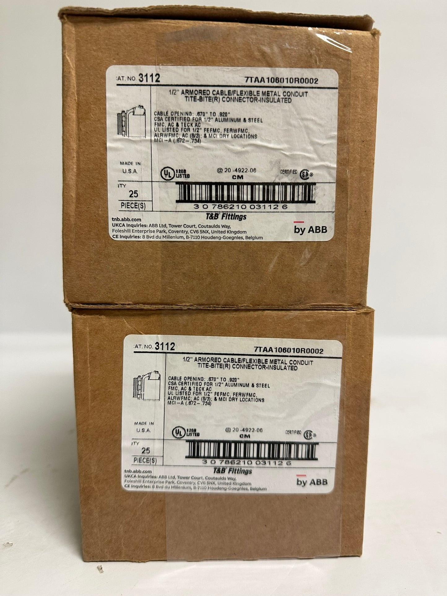 50 PC New  T&B by ABB 3112 1/2" Straight Connector for AC/FMC Cable