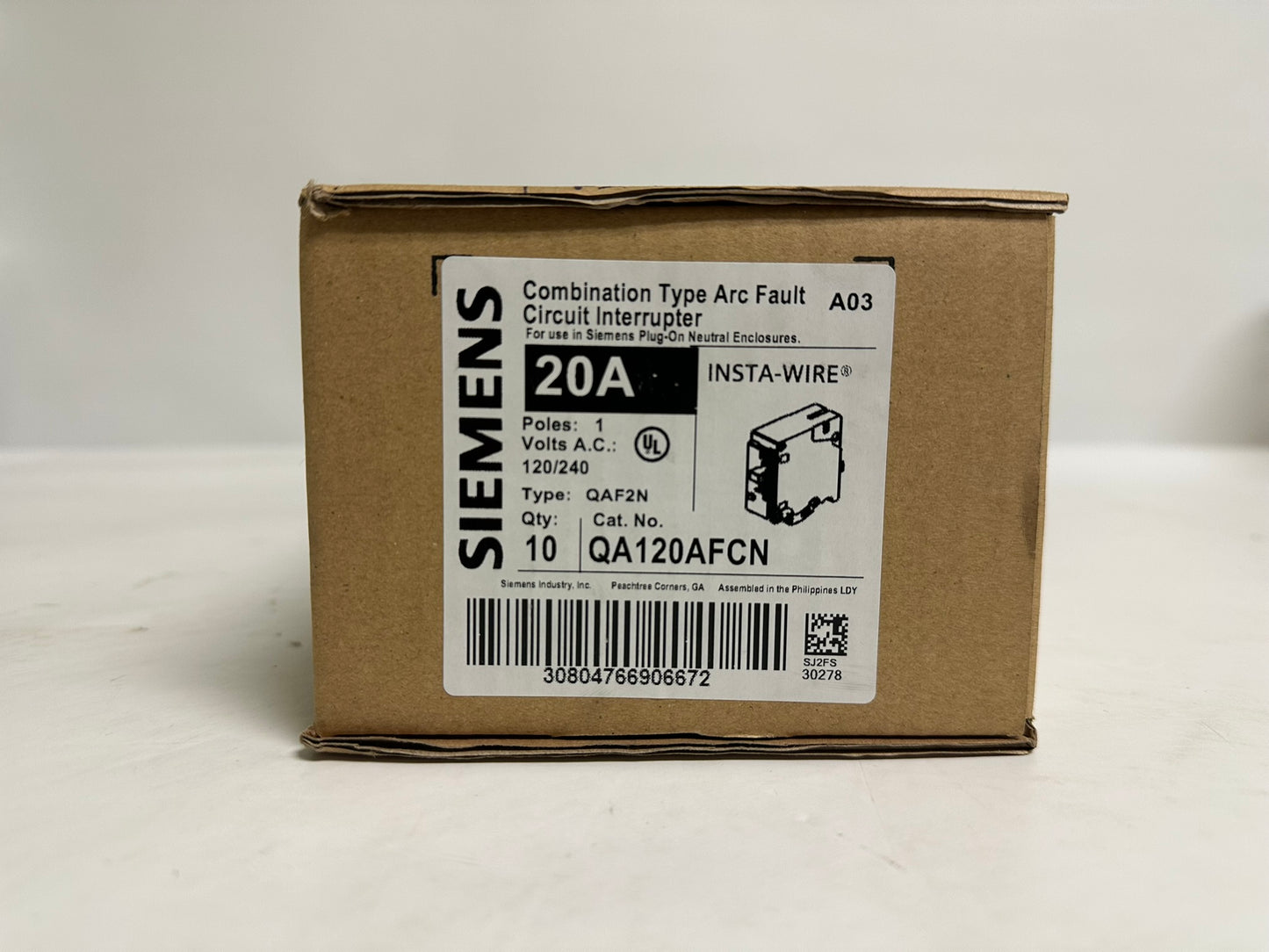 10 PK New Siemens QA120AFCN 20A 1-Pole Plug-On Neutral AFCI Breaker