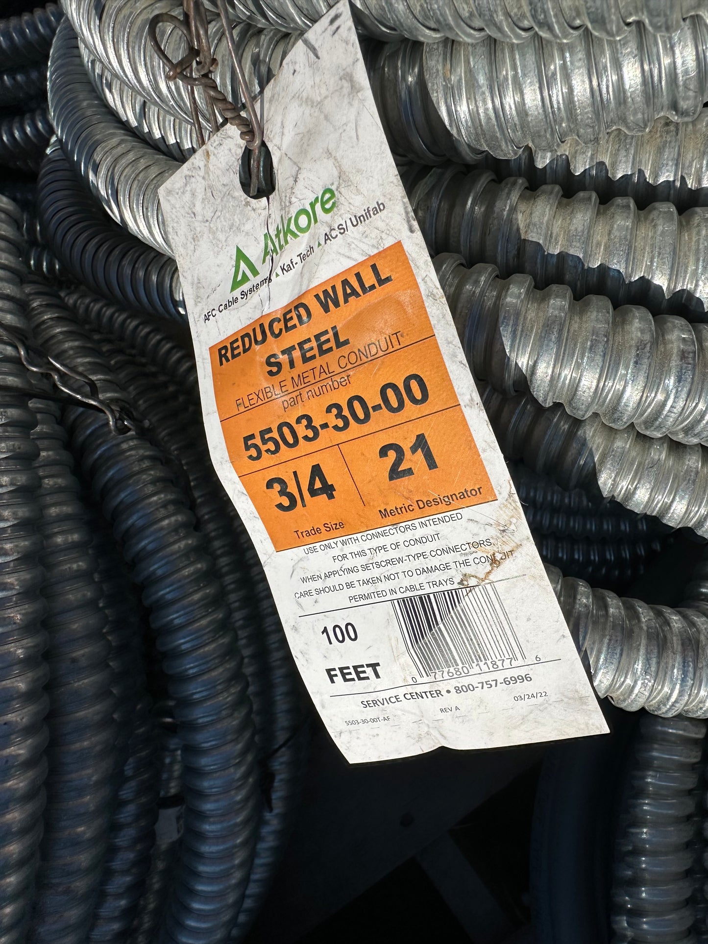 100 FT Atkore 3/4" (5502-30-00) Reduced Wall Steel Flexible Conduit