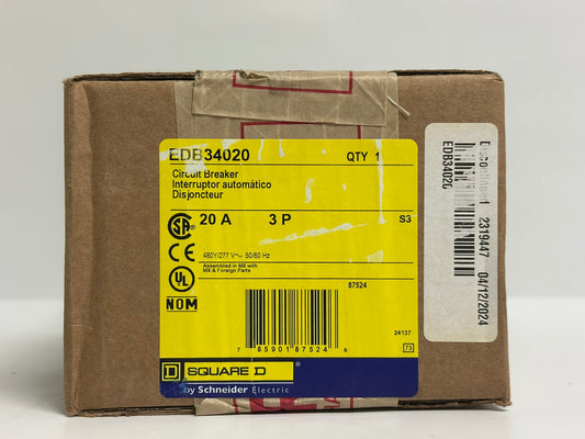 Schneider Square D EDB34020 20A 3-Pole Circuit Breaker, 480Y/277VAC