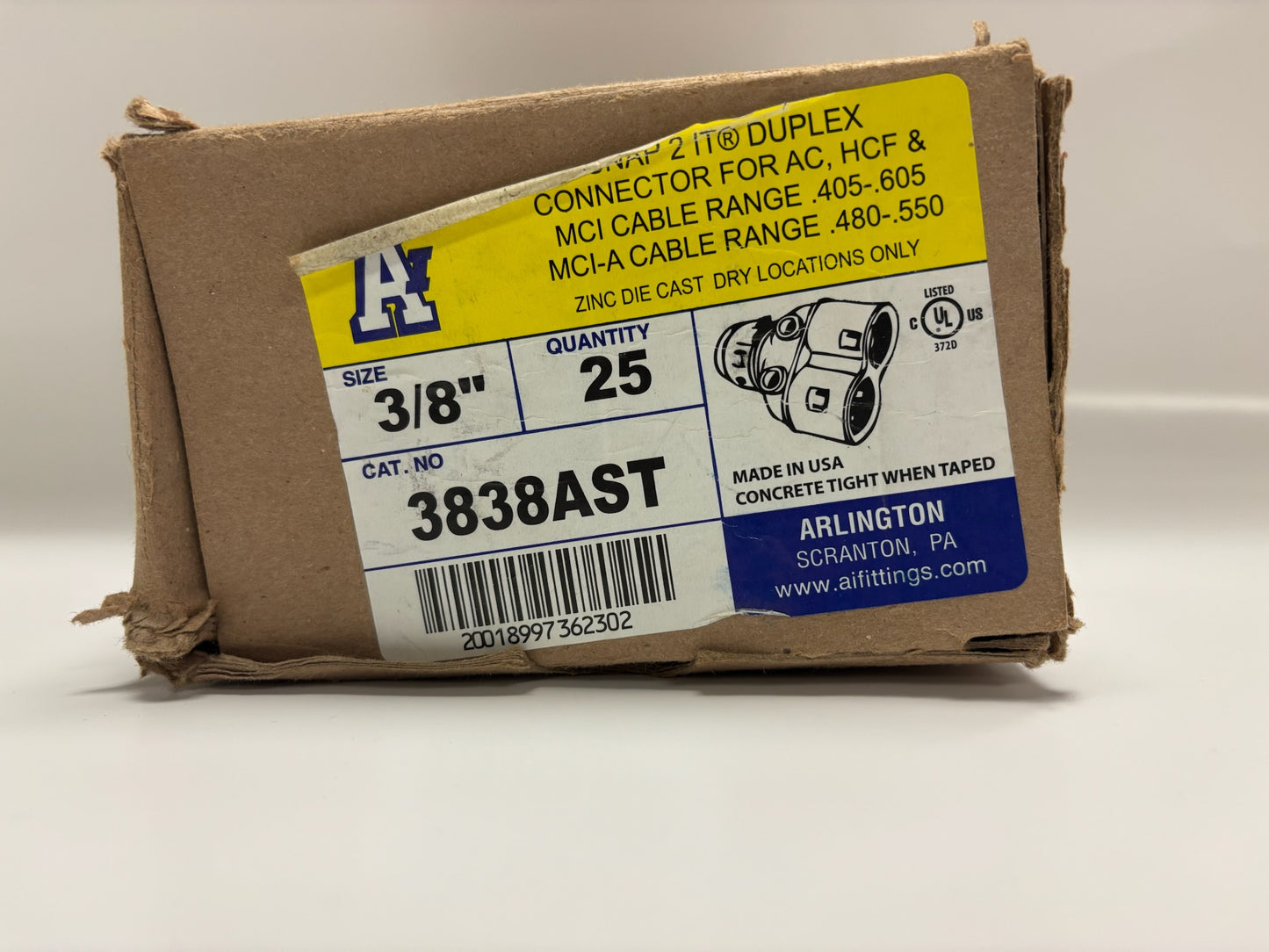 25 PK Arlington 3838AST 3/8" Snap2It Duplex Connector for MC/AC/Flex, Zinc