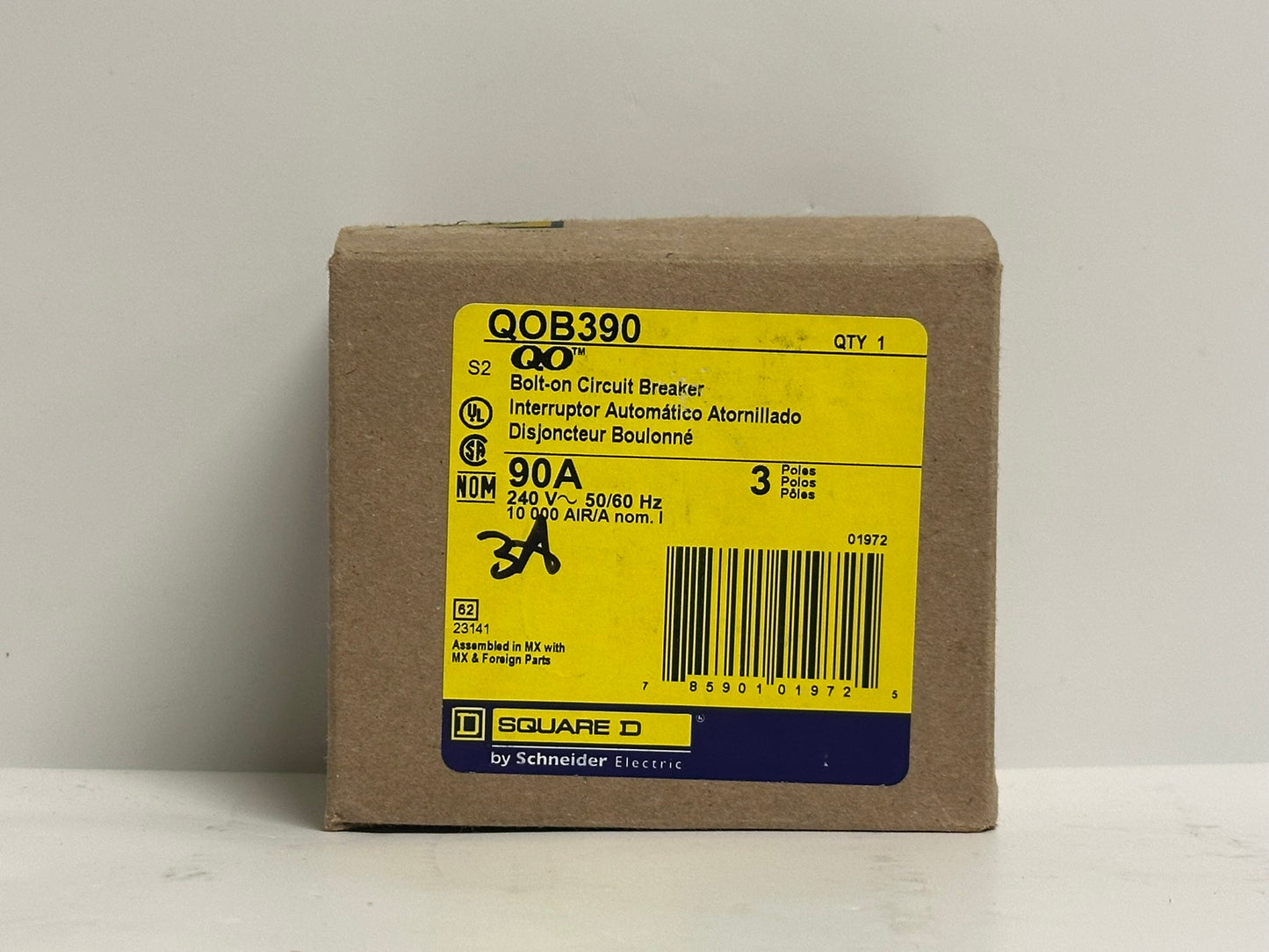Schneider Square D QOB390 90A 3-Pole Circuit Breaker, 120/240V, Bolt-On